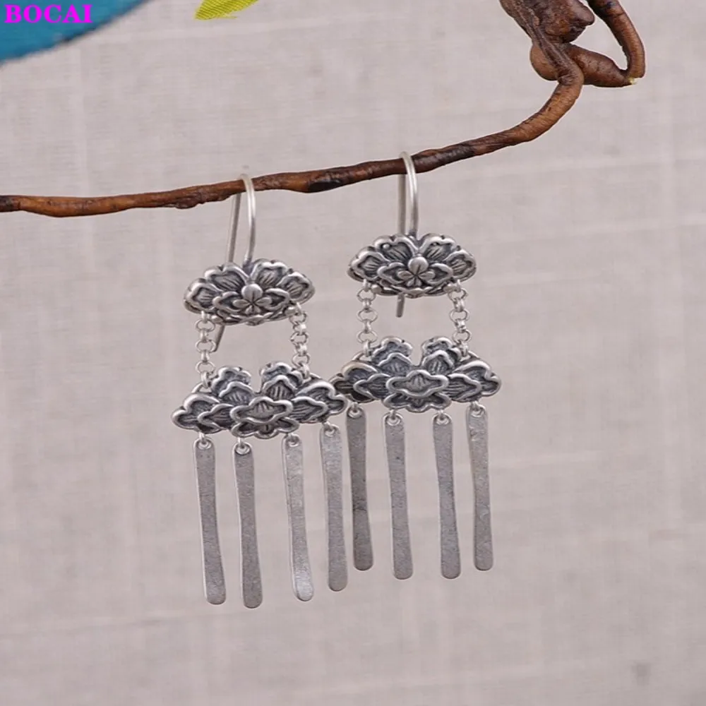 

BOCAI Silver Jewelry S925 Sterling Silver Female Earrings Fashion National Style Peony Tassel Earrings Thai Silver Ear Drop