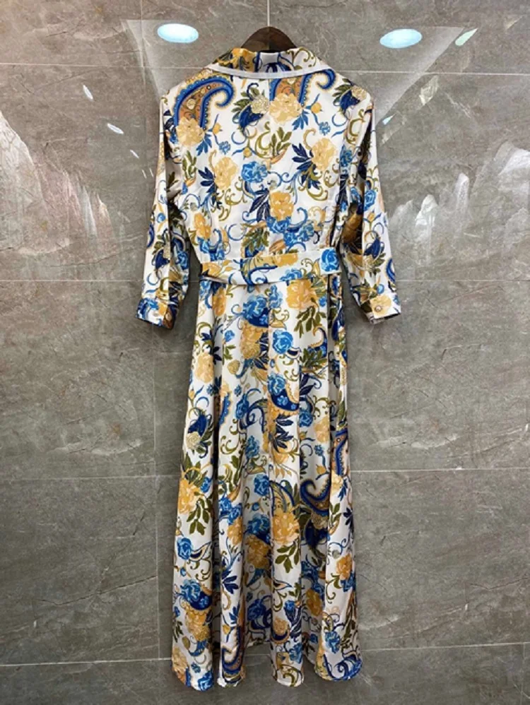 

Newest Fashion Summer Dress 2020 Style Women Notched Collar Exquisite Prints Belt Deco Mid-Calf Length Large Swing Dress Casual