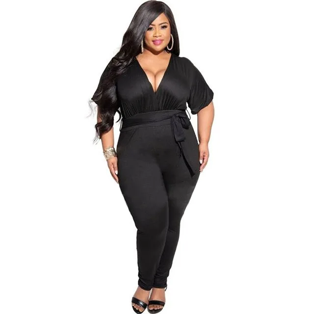

L-4XL Steetwear Women Pure Black Slim Pencil Long Jumpsuit 2020 Summer New Design Sexy Office Lady V Neck Short Sleeve Overalls