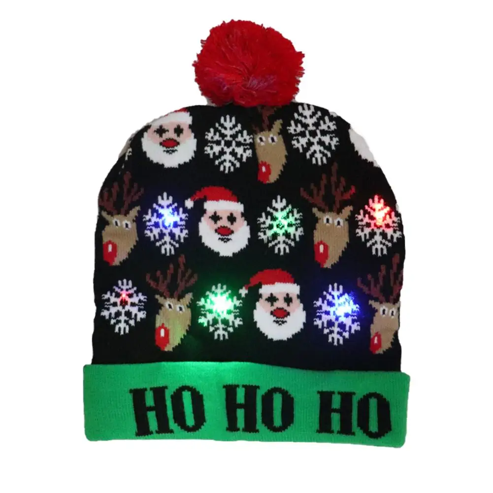 Фото Рождественская зимняя шапка со светодиодами вязаная красочная блестящая мягкая