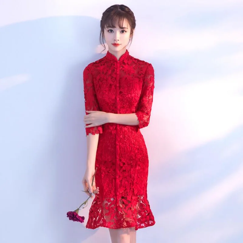 

Высококачественное красное женское традиционное китайское платье, красное свадебное платье, свадебное платье в китайском стиле, женское кружевное платье