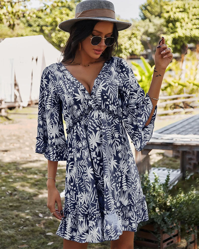 

Summer Boho Printed Mini Dress Women V Neck Holiday Beach Dresses A Line Short Sleeve Ruffles Backless Mini Dress Vestidos