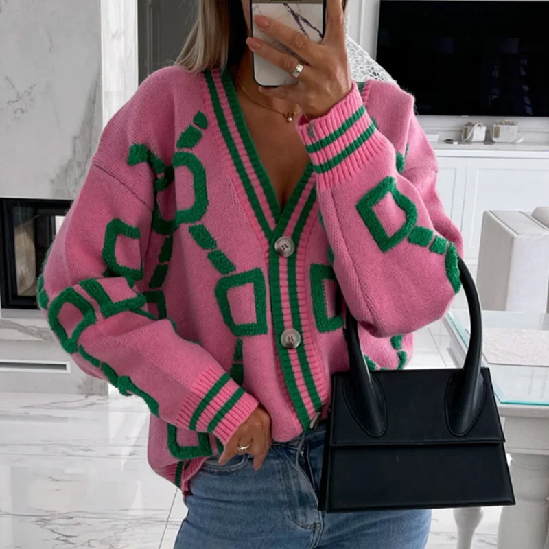 

Cardigan For Women Green Striped Pink Knit Button Lady Cardigans Sweaters V-neck Loose Casual Winter 2021 Knitted Coat Fashion