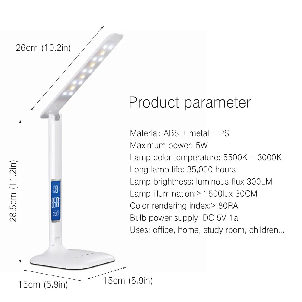 

5W Modern Eye Protect Led Office Desk Lamp Touch Dimmable Foldable With Calendar Temperature Alarm Clock table Reading Light
