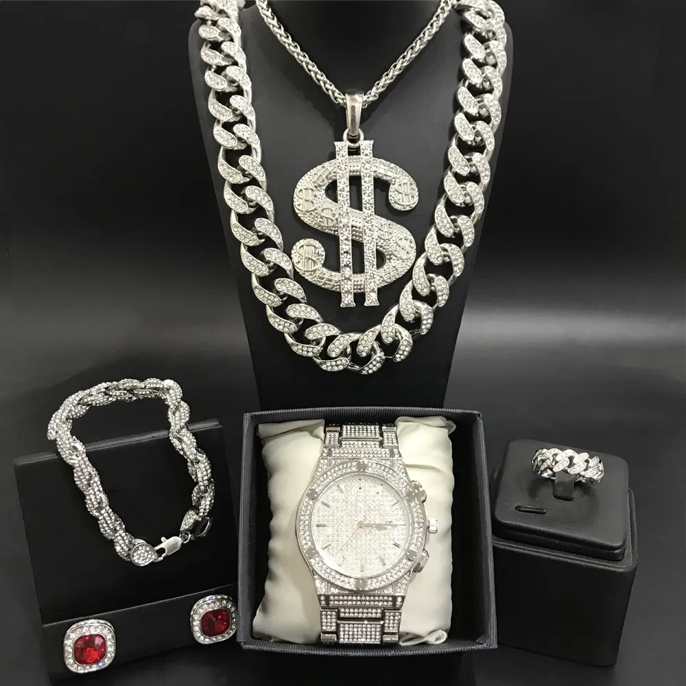 Роскошные мужские часы серебряного цвета, ожерелье, браслет, кольцо и серьги, комплект часы, кубинские ювелирные изделия, хип-хоп для мужчин