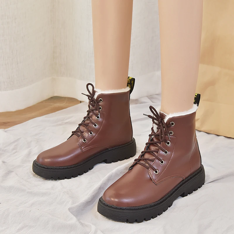 Rimocy/женские ботильоны зимние теплые плюшевые кожаные ботинки с круглым носком