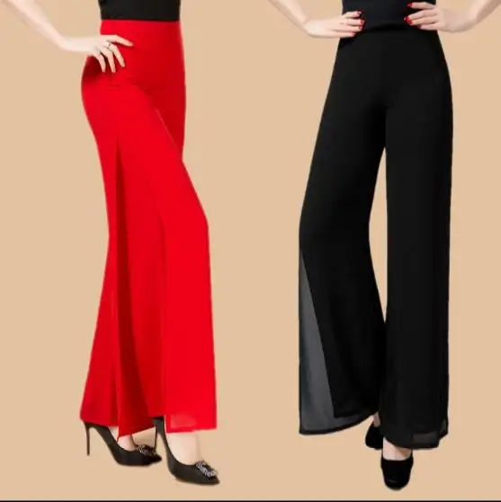 Высококачественные однотонные шифоновые двухслойные длинные штаны женские