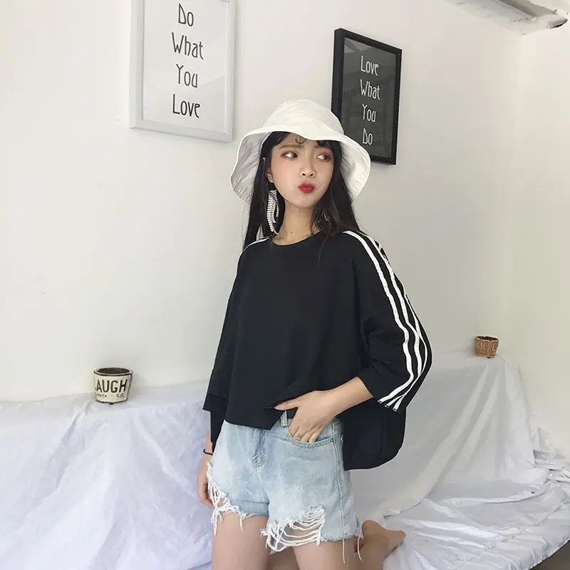 Женская футболка в Корейском стиле Harajuku с круглым вырезом свободная рукавом три
