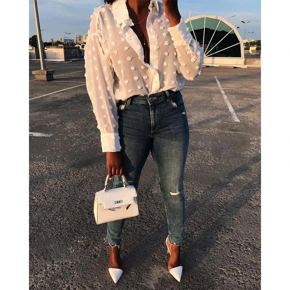 Женская прозрачная блузка в горошек элегантная белая/синяя большого размера с