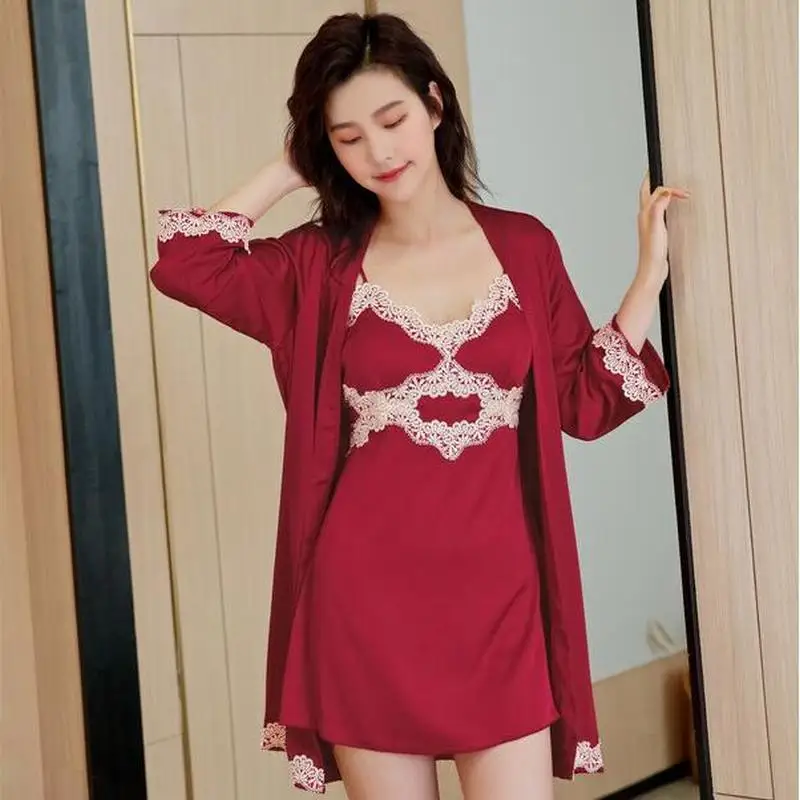 

4PCS Pajamas Set Lace Patchwork Women Nighty&Robe Suit Intimate Lingerie Sexy Strap Top&Shorts Silky Homewear Pijamas Sleepwear