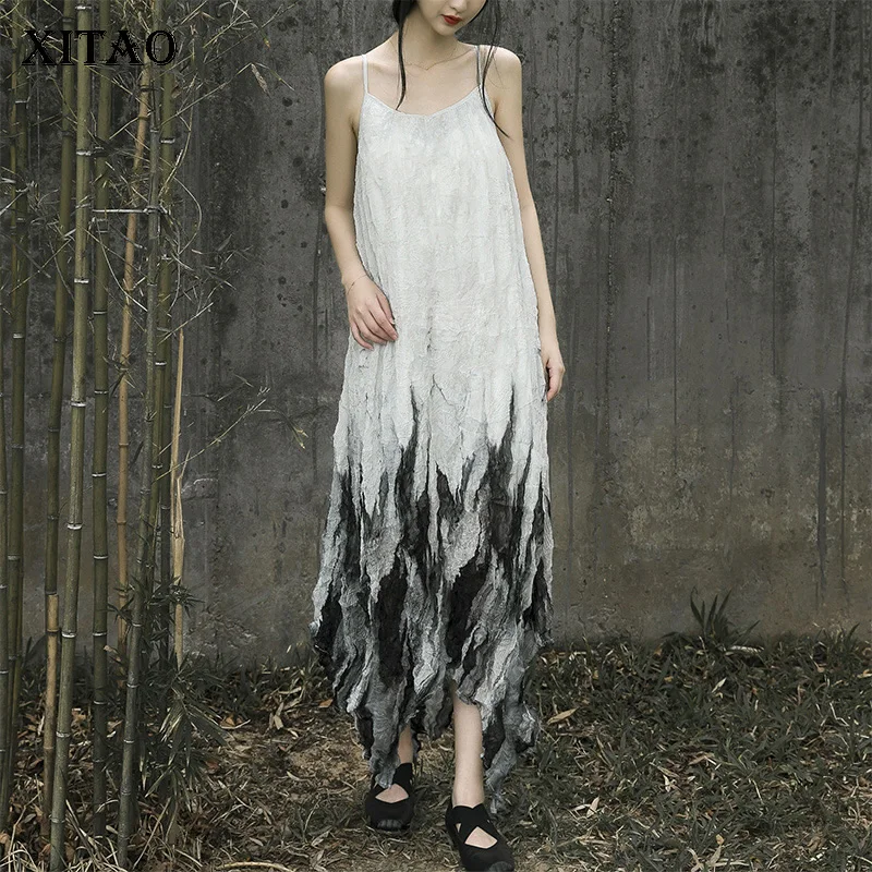 XITAO Ink and Wash Print Sling Dress Summer New Contrast Color Irregular Splicing Hem Art Vintage Simplicity Women WMD1451