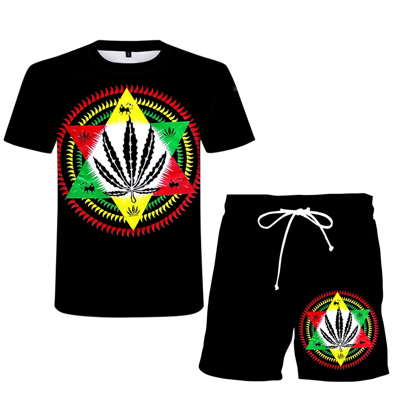 

Summer men's casual short-sleeved shorts suit Weed3D printing pullover top outdoor sports suit oversized T-shirt XS-6XL