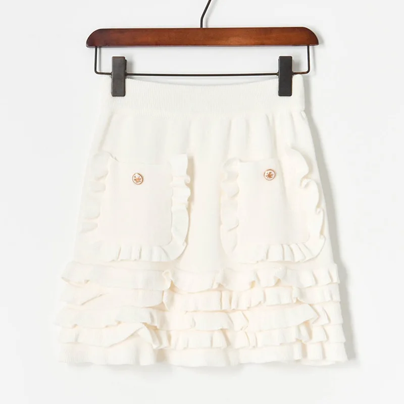 

Runway Skirt Women HIgh Waist Ruffles HIg Pack Mini Knitted Skirt White/Black harajuku Skirt