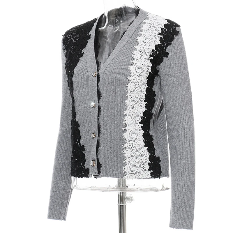 Women Sweater Colorblock Lace Applique Spring Autumn Knitted Cardigans |