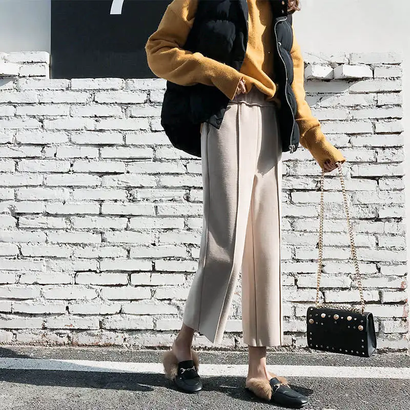 

Autumn Winter Woolen Straight Wide Leg Pants Women Thicken Loose Office Wool Black High Waist Pants Fashion Trousers Women C5888