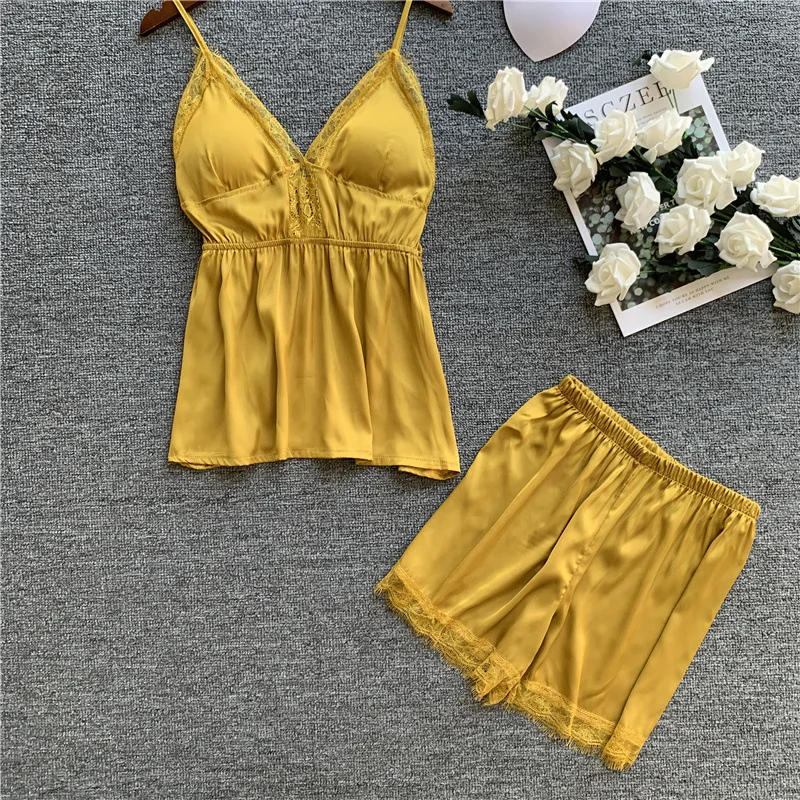 

Women Pajamas Sets with Shorts Sexy Satin Summer Pyjama Night Suits Pajamas for Women with Chest Pad