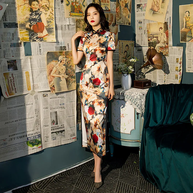 

Женский сексуальный короткий рукав тонкий печатная атласная Cheongsam Новинка женские Винтажные ботинки в китайском стиле с воротником «Манда...