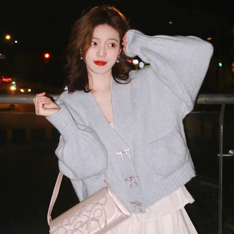 

ZAWFL Женская мода стразы пуговицы Свободный вязаный кардиган свитер винтажный с длинным рукавом карманы женская верхняя одежда шикарные топ...