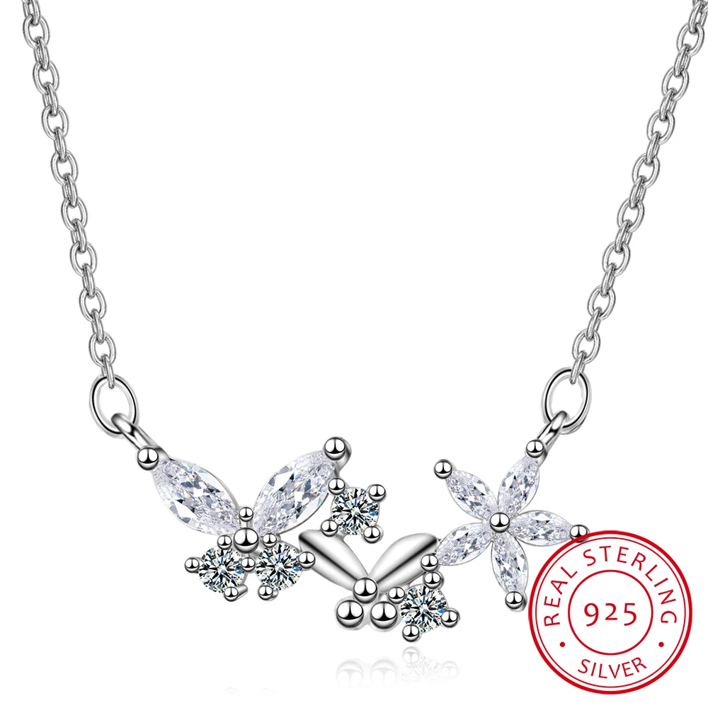 

925 Sterling Silver Flower Star Zirconia Butterfly Clavicle Chain Pendant Necklace Choker Kolye Colar Fine Jewelry For Women