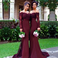sexy lace burgundy bridesmaid dresses 2021 new mermaid long sleeve beaded long wedding party dresses formal gowns maid of honor