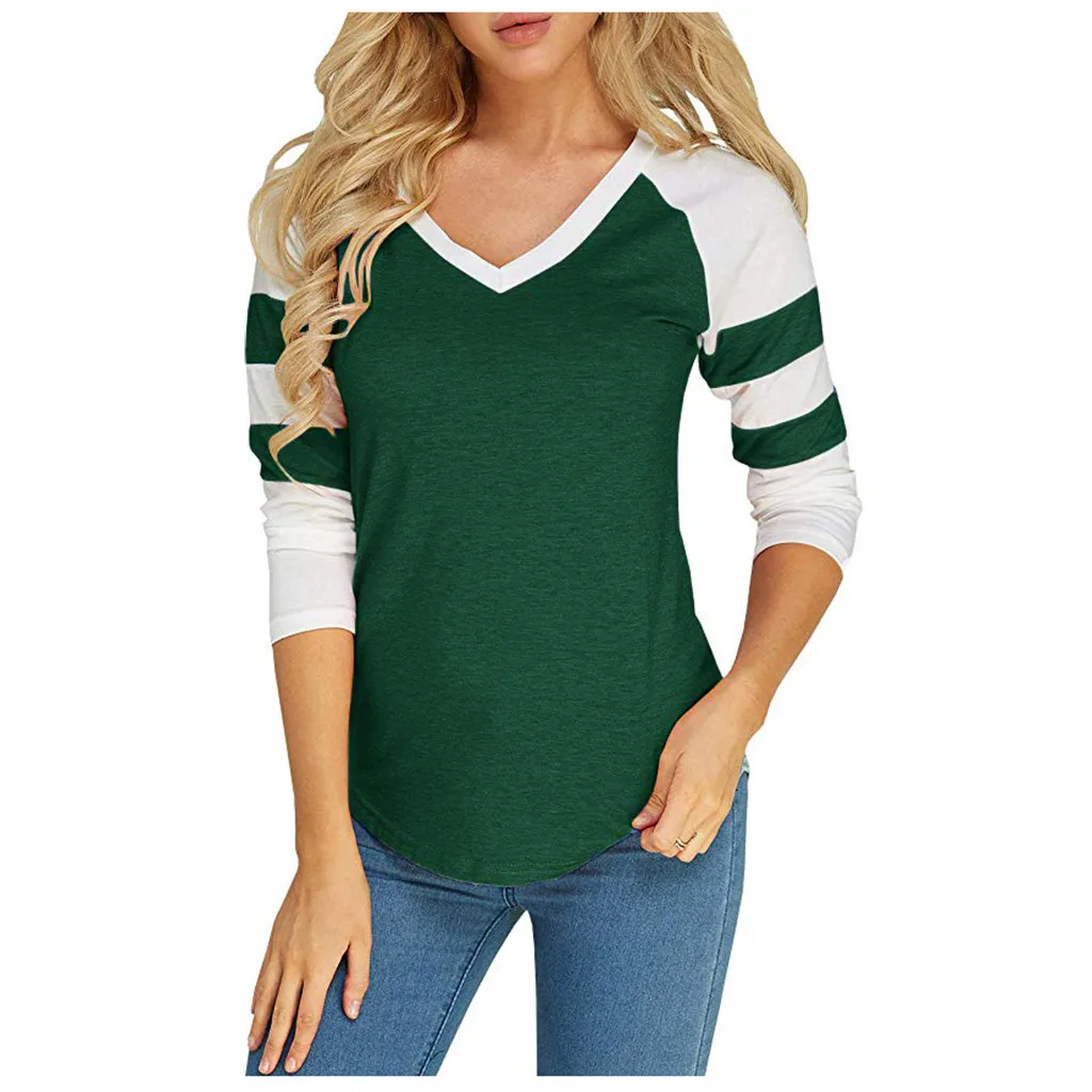 Feitong блузка женская мода сплайсинга с длинным рукавом v образным вырезом рубашка