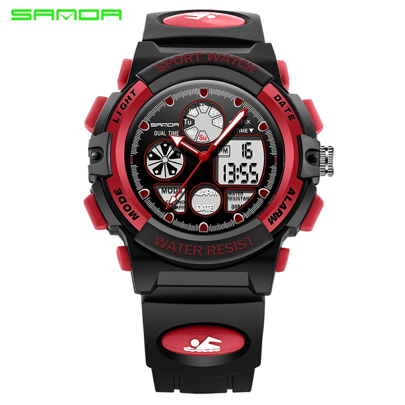SANDA 116 Children Sport Digital Watch Fashion LED Wristwatch For Boys Alarm Clock Waterproof Back Light Kids Dual Display Band | Наручные