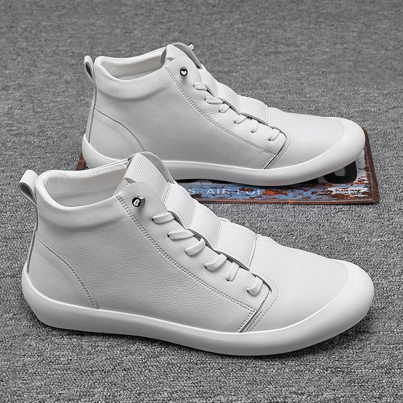 100% Genuine Leather Shoes Men High top Sneakers Fashion White Cool Street Young Man Footwear Male KA2032 |
