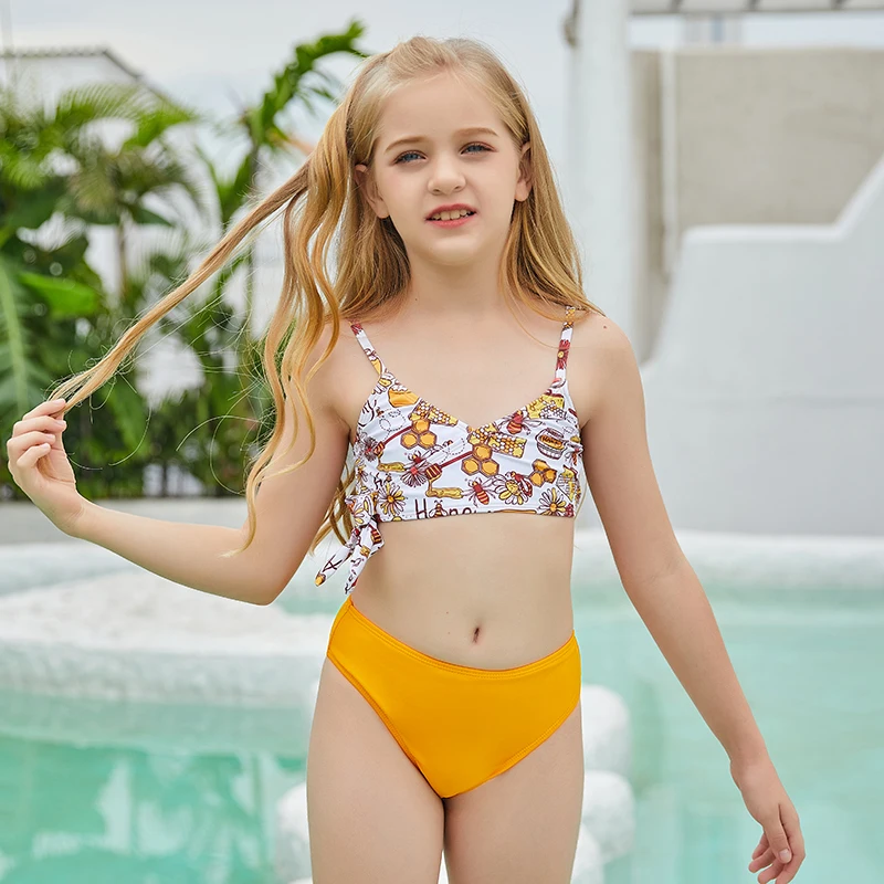 

Two pieces Swimsuit Flower Print Bow Bikini Kids Swimsuits High Waisted Swimwears Suspender Bikini Set Girls Swimwear 4-15 Years