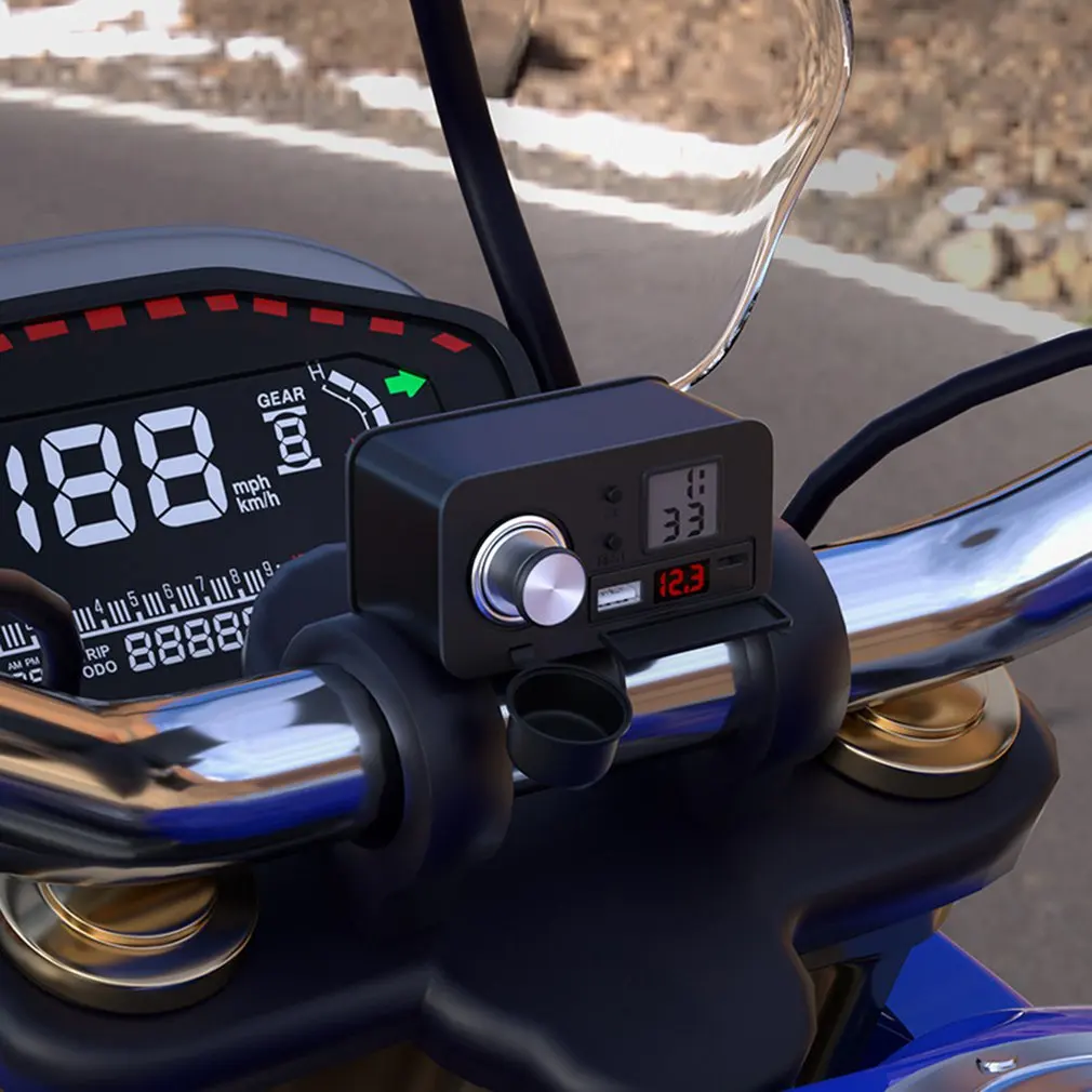 

12V Multifunctional Motorcycle Cigarette Lighter Socket Adapter USB Charger Fast Charging With Timetable With Lighter Head Black