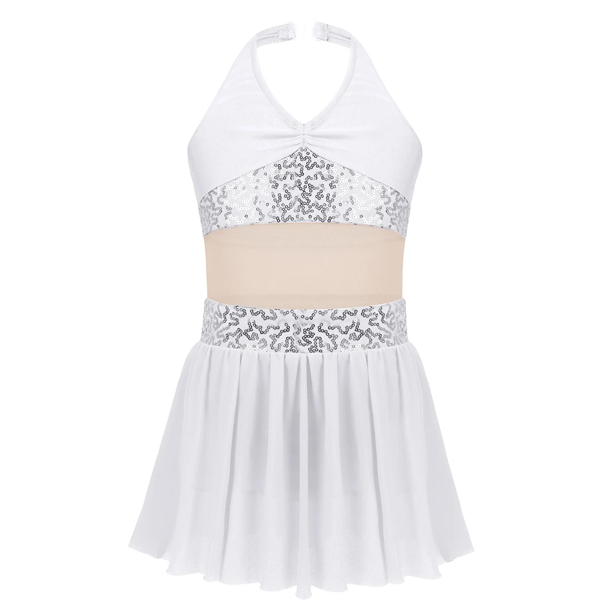 White ChicTry Girls Halter Sequin Mesh Stretchy Figure Skating Dress Gymnastics Ballet Leotard Kids Performance Lyrical Dance Costumes - Цвет: White