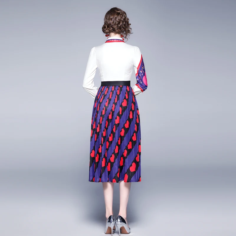 

2019 autumn fashion runway party dress women's long sleeve A-Line elegant vintage heart-shaped printed pleated dress vestidos