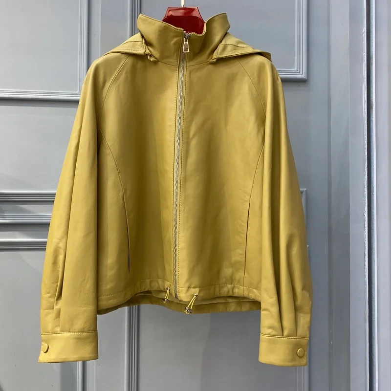 

Женская кожаная куртка SHZQ с капюшоном, пальто из натуральной овечьей шкуры, свободный размер, зимняя женская верхняя одежда на молнии с длин...