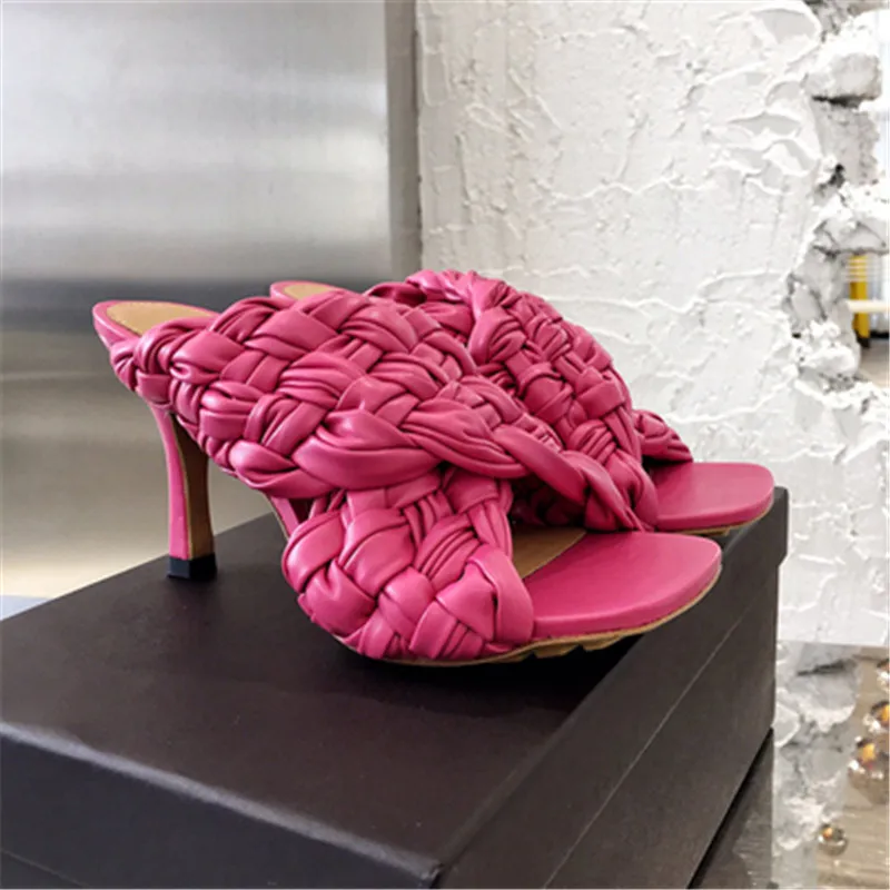 

2020 Fashion High Quality Women Weave Slippers Open Toe High Heels Shoes Ladies Summer Party Beach Sandals Slides Shoes
