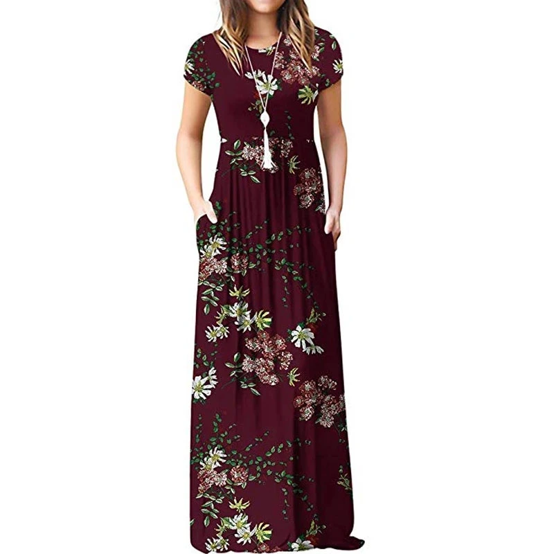 

2021 Summer New Maxi Floral Dress Women Long Party Dresss Female Loose Pocket Short Sleeve Casual Dress Robe Femme Sundress