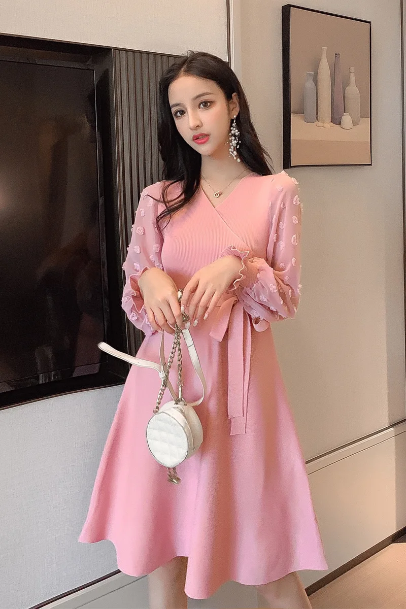 2019 Новое Осеннее винтажное женское платье с длинным рукавом вязаное тонкое