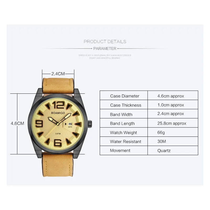 Мужские водонепроницаемые кварцевые часы с датой и кожаным ремешком до 30 м |