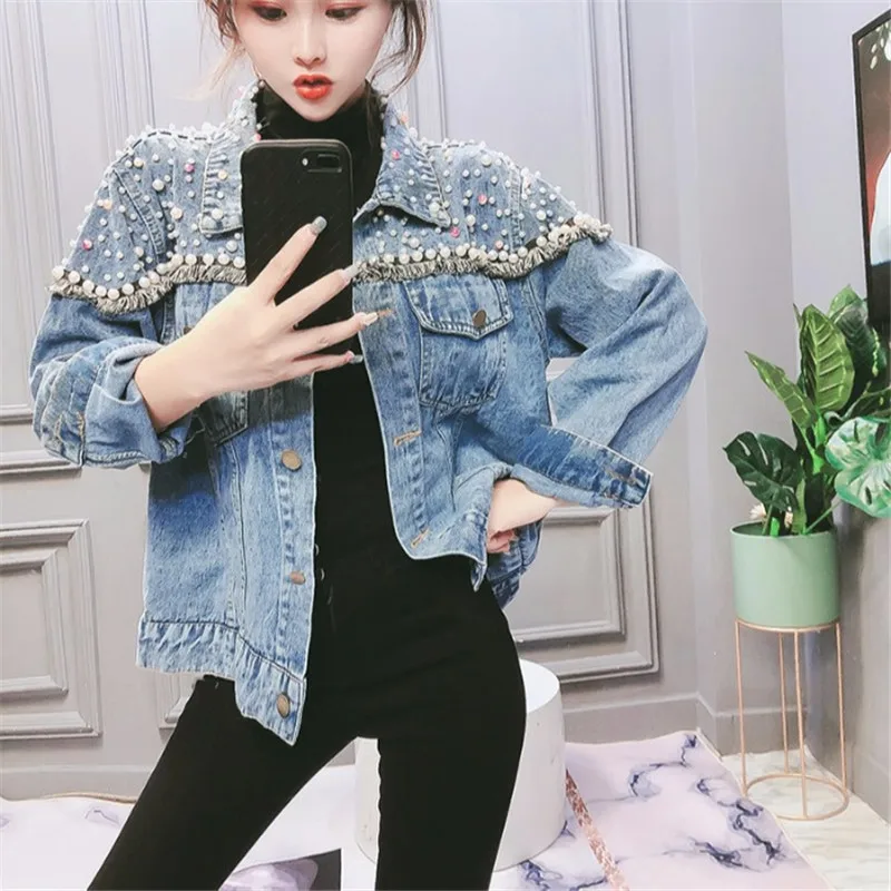 Женская джинсовая куртка с длинным рукавом короткая оверсайз бахромой и