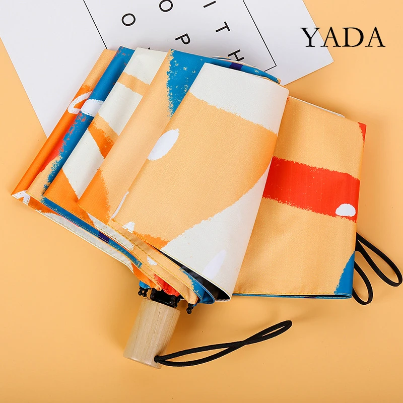 

YADA INS 2021 New Luxury Icon Charms Fashion Wooden Handle Umbrella 3-Folding Umbrella For Women Child UV Rain Umbrella YD200177