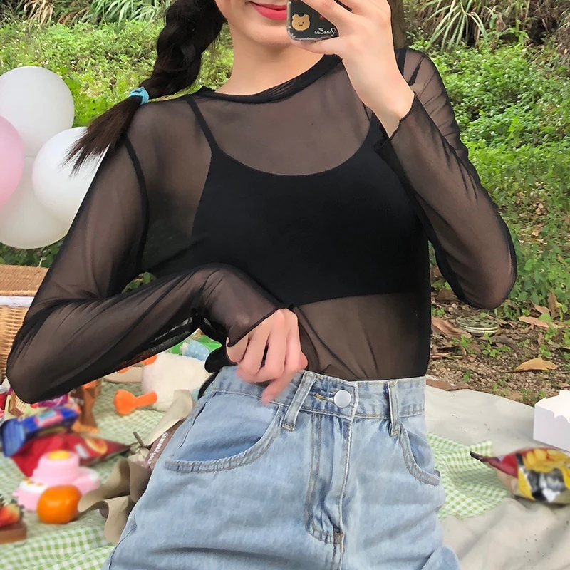 

Sexy Women T Shirt Summer Long Sleeve Mesh Top Solid Color Sunscreen Tees Transparent Punk Club Streetwear Tops Sun Protection