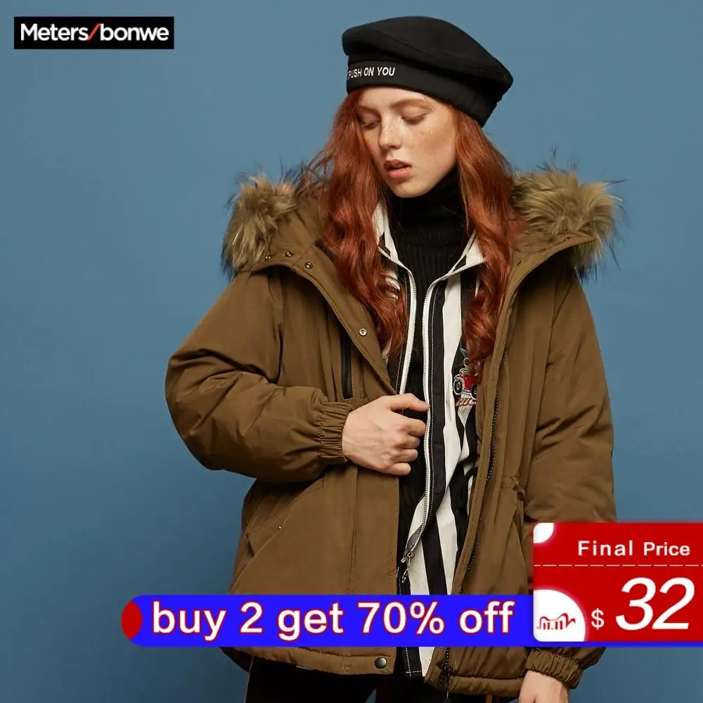 Metersbonwe Женская модная Толстая теплая парка с меховым воротником и капюшоном