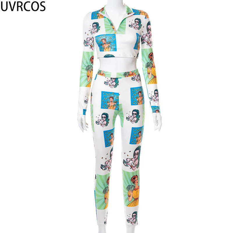 

UVRCOS Suit Female Summer Women's Clothing 2021 New Fashion Cartoon Character Pattern Print Stand Neck Zipper Hipster Pants Suit