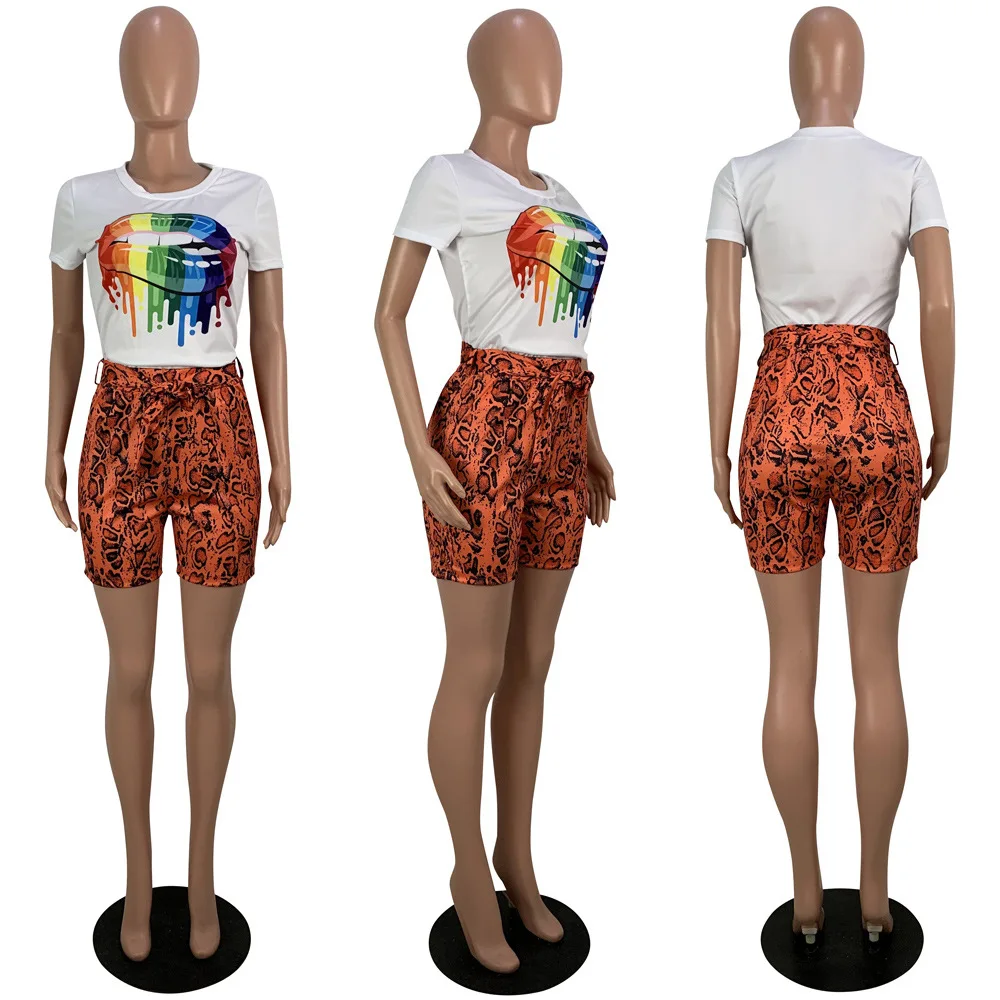 

HAOOHU Color Lips Two Piece Set Short Sleeve Tops and Serpentine Shorts Matching Sets Summer Streetwear Casual 2 Piece Outfits