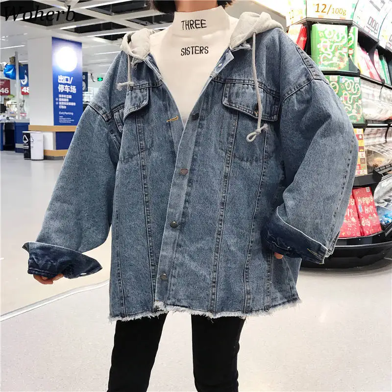 Woherb Весна Harajuku джинсовая ткань оверсайз куртка Корейская Свободная с капюшоном