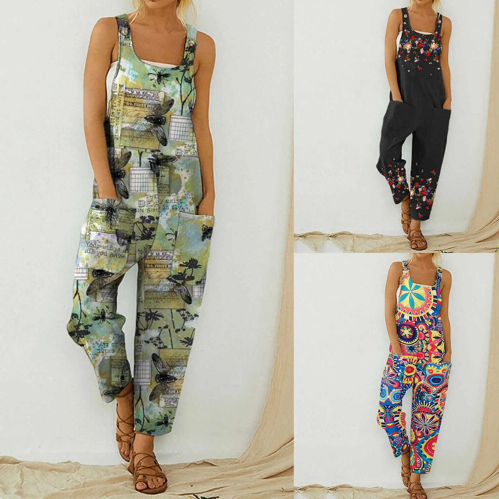 Для женщин принт Комбинезон на лямках с карманами Винтаж хлопковые свободные