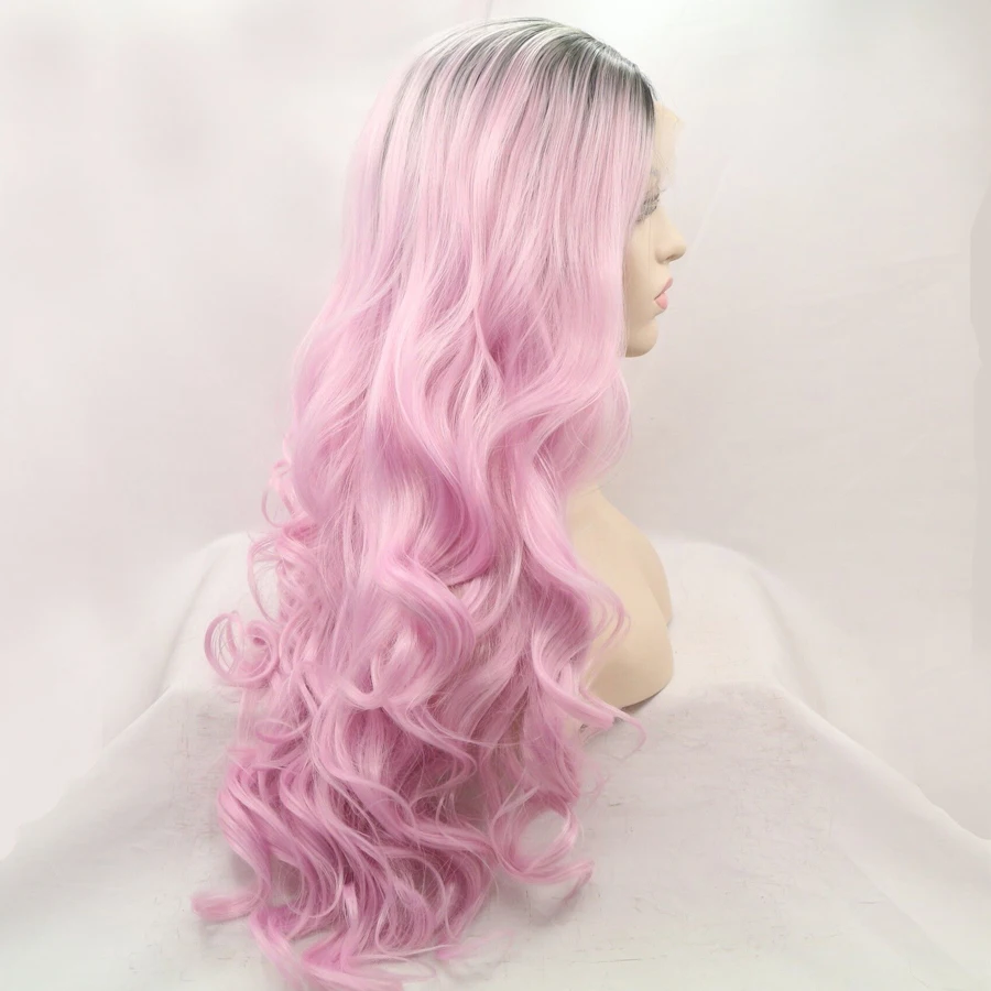 Парики Омбре черные розовые длинные волнистые синтетические волосы на шнуровке