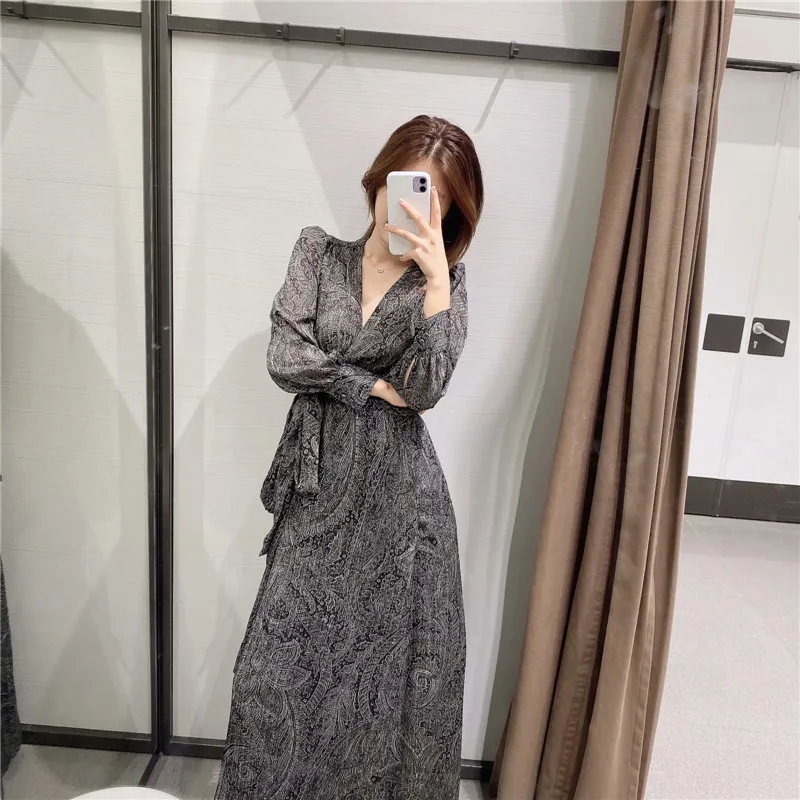 

TMODA1827 Za 2021 Autumn Women Printed Belt Dress Female Crossover V Neck Long Cuffed Sleeves Maxi Dress Vestidos Robe