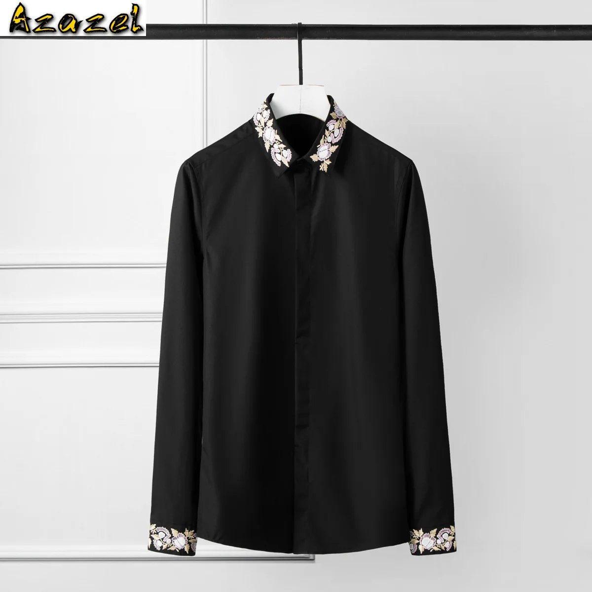 

Azazel Мужская рубашка Роскошная золотая и розовая Цветочная вышивка с длинным рукавом мужские рубашки вечерние повседневные рубашки мужские...