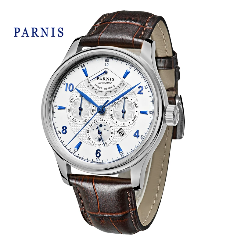 

Parnis 43mm Mechanical Automatic Men Watch Blue Hands Moon Phase Power Reserve Men's Watches Calendar Week Display Brown Leather