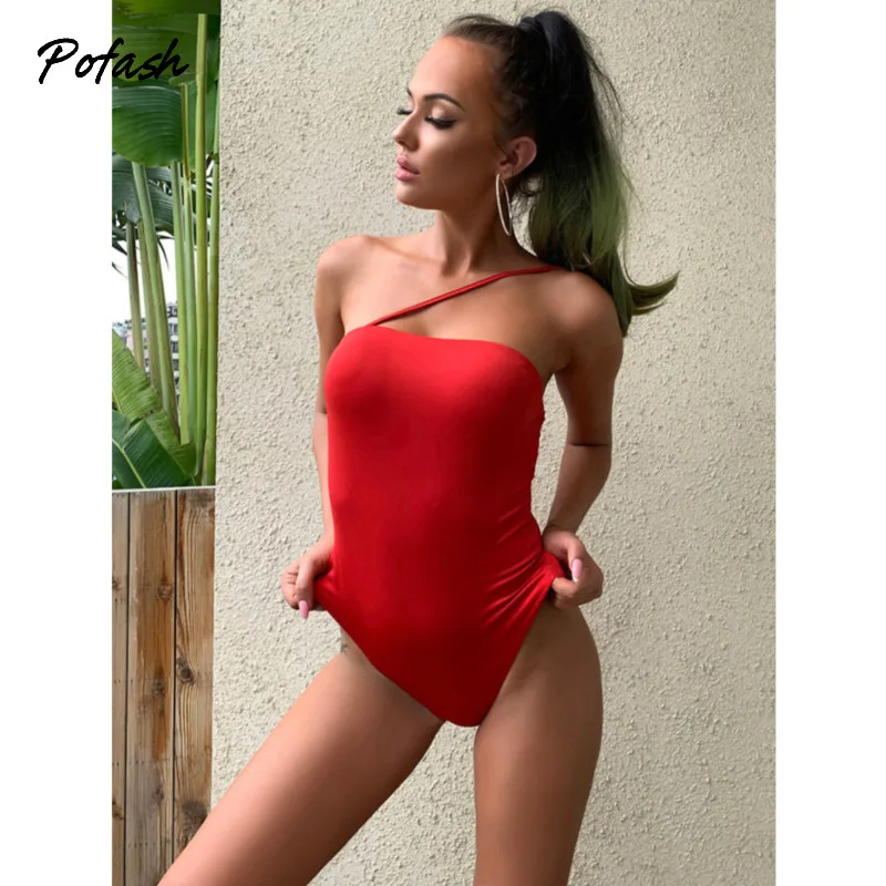 POFASH 2020 Summer Strapless Solid Sheath Bodypsuit Sleeveless Single shoulder strap Night Club Short women | Женская одежда