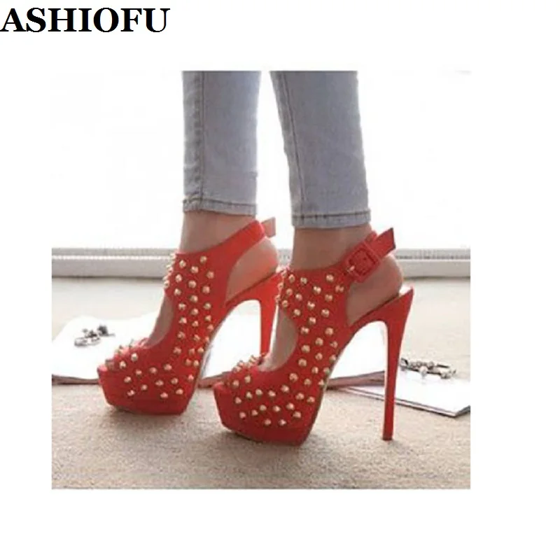 

ASHIOFU Classic Handmade Ladies High Heel Sandals Rivets Spikes Sexy Club Party Shoes Peep-toe Platform Evening Fashion Sandals